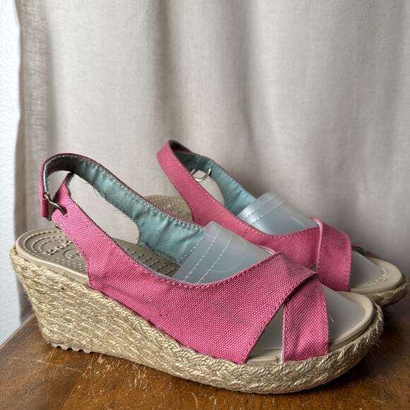 Women’s Crocs Pink A-Leigh Linen Slingback Espadrille Wedge Sandals Size 7‎ - Picture 2 of 10